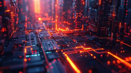 Fototapete - Abstract of chip on complex circuit with digital technology style design and neon electric light graphic show dynamic movement represent about processor algorithm process on high tech device. AIG53.