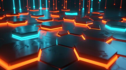 Poster - Geometric neon shapes with orange and blue lighting. Digital artwork of geometric shape or hexagon shape with blue and orange neon color. Futuristic and modern design concept for art design. AIG53.