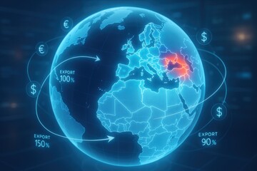 Poster - Global Trade Dynamics: An artistic rendering of the earth showcases a dynamic and futuristic view of global commerce with an emphasis on export.