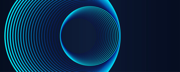 Poster - Abstract circle line pattern spin blue green light isolated on black background in the concept of music, science, Ai technology, digital futuristic banner