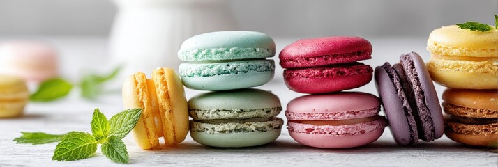 Poster - Colorful Macarons Arranged Elegantly With Fresh Mint Leaf on a White Surface in a Bright Setting