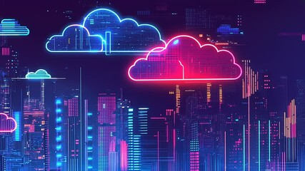 Wall Mural - Neon Cloud Cityscape with Digital Elements at Night