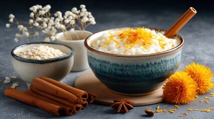 Poster - Delicious Rice Pudding Topped With Orange Zest and a Cinnamon Stick Served in a Ceramic Bowl