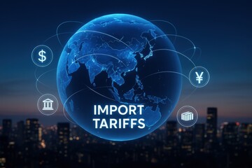 Poster - Import Tariffs - Global Trade: A digital illustration depicts a globe with illuminated continents. Currency symbols, and trade icons hovering around, above a city silhouette.