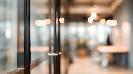 Networking event inside modern office building blurred background with glass door professional atmosphere