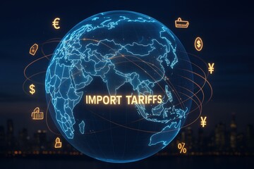 Poster - Global Trade and Tariffs: Conceptual rendering of the world interconnected by import tariffs, trade routes, and currency symbols, illustrating the complexities of international commerce. 