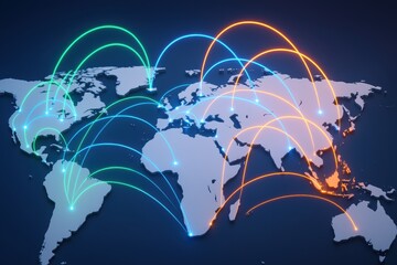 Poster - Global Connectivity: A vibrant illustration showcasing the interconnectedness of our world, as dynamic lines of light elegantly weave across a stylized world map.