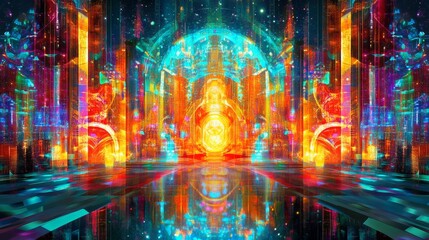 Poster - vibrant futuristic cityscape digital realm abstract art neon environment immersive viewpoint digital
