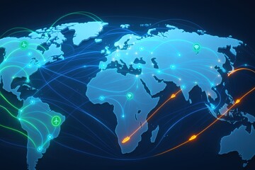 Poster - Global Network of Digital Connections: An intricate digital map of the world illuminates a complex web of global connections, symbolized by radiant lines linking continents and marking key hubs.