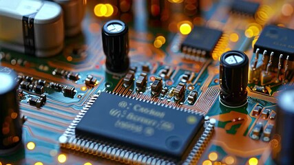 Poster - Close-up exploration of a circuit board with intricate components and glowing lights in a vibrant, tech-inspired environment