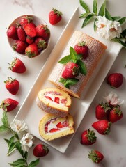 Poster - Sliced Swiss Roll Cake With Strawberry Filling and Mint on a Clean Flatlay With Fresh Strawberries Around
