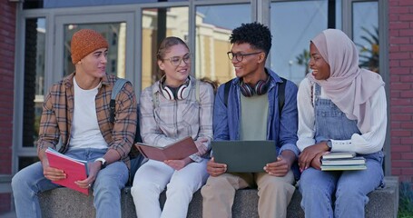 Poster - Outdoor campus, university and students talking of postgraduate plans, scholarship information or study group. Books, technology or friends with discussion, learning break or college education course