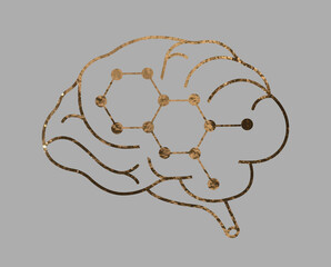 Aufkleber - golden brain with a neural network, symbolizing neuroscience, artificial intelligence, and cognitive processes. Shiny metallic textures and sleek design represent innovation, research, and the future.