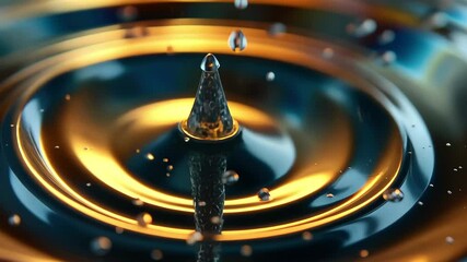 Poster - Elegant water droplet splashing and creating ripples in a reflective surface during golden hour illumination