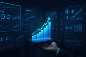 Aufkleber - Digital Growth: A hand cradles a digital tablet displaying an upward trending bar graph, highlighting business success and financial growth in a technology-driven environment. 