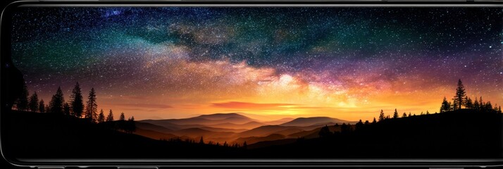 Leinwandbilder - Night Mode Capturing a Stunning Starry Landscape With Mountains and Trees Under a Colorful Sky at Twilight
