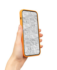 Poster - Hand holding a smartphone with an orange phone case, displaying crumpled paper screen. technology and communication. Isolated on white background, perfect for showcasing apps or content..