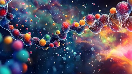 Poster - Molecules spinning over a dna strand in a colorful cosmic environment, molecules over dna strand spinning