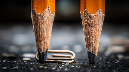 Poster - Close-up of two sharpened pencils, their tips poised above a paperclip on a dark surface, showcasing detail and precision, symbolizing focus, writing, and creativity