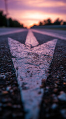 Poster - Close-up view of a white arrow painted on asphalt, receding into a blurred sunset background, symbolizing direction, journey, and progress