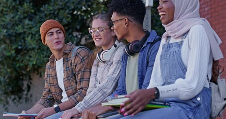Poster - Laughing, friends and talking outdoor at university with campus gossip, postgraduate plans and learning break. Books, study group and students with discussion, scholarship information and funny joke