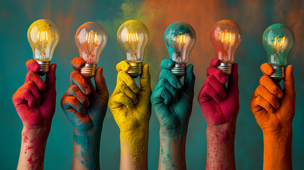 Poster - Six hands, painted in vibrant colors, hold illuminated lightbulbs against a textured background, symbolizing creative ideas and collaborative innovation