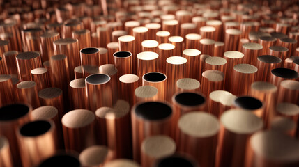 Poster - Close-up of numerous copper cylinders, varying in shades of copper and some with dark interiors, creating a dense, textured background ideal for industrial or technology concepts
