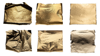 Aufkleber - Torn and crumpled gold foil with metallic texture, fragile and rugged edges, shimmering brass and bronze material, rich and luxurious piece with crinkled, damaged, and textured finish, isolated..