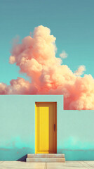 Poster - Yellow door on teal wall, large peach-colored cloud above, suggesting dreams, escape, or new beginnings