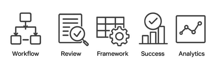 Leinwandbilder - Workflow and analytics icons illustrating success metrics and framework review techniques in a digital environment