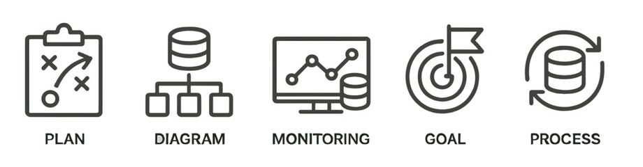 Leinwandbilder - Strategic planning and monitoring concepts displayed with icons representing goal setting, data management, and process improvement