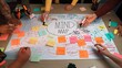 © InfiniteFlow - A dynamic brainstorming session featuring diverse hands working on a large mind map filled with colorful sticky notes, markers, and key business concepts for effective collaboration. SACTR