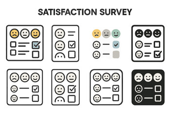 Aufkleber - Satisfaction survey results and user feedback displayed with smiley faces and checkboxes in a clean design layout for reviews