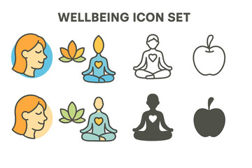 Aufkleber - Wellbeing icon set featuring diverse symbols for mindfulness, meditation, and healthy lifestyles