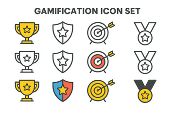 Aufkleber - Gamification icon set featuring trophies, shields, and targets designed for engaging visual elements in various applications