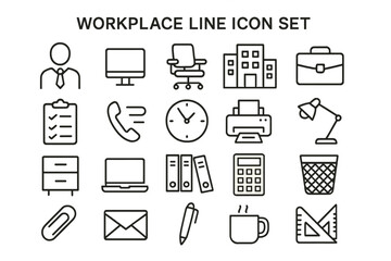 Aufkleber - Workplace line icons representing various office elements, tools, and activities in a minimalistic design