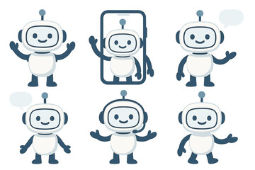Aufkleber - Friendly robot characters engaging with smartphone technology in a playful style perfect for modern digital interactions