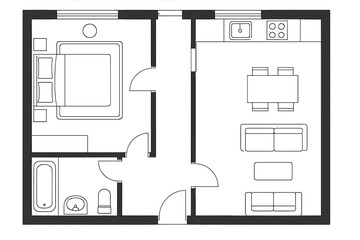 Leinwandbilder - Floor plan of a one-bedroom apartment with living area and separate kitchen layout