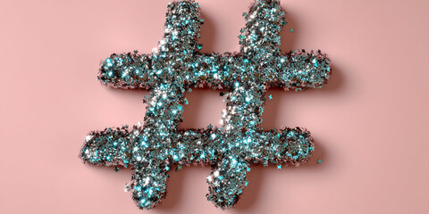 Poster - Hashtag symbol formed from glittery teal and silver particles on pink background Free space for text or logo Design element for social media promotion