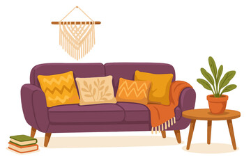 Poster - cozy living room setup featuring a purple sofa, patterned cushions, and house plants in a modern hom