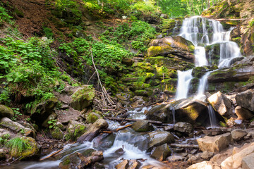 Wall Mural - waterfall shypit of carpathian mountains in summer. scenic view. scenery in morning light. popular t
