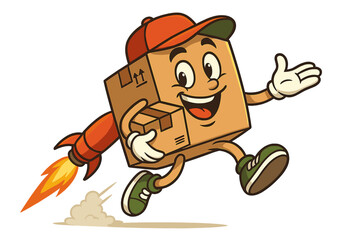 Aufkleber - Cartoon character in a package costume joyfully running with a rocket on the back