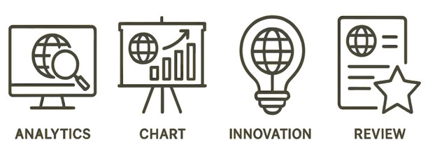 Poster - Visual representation of business analytics concepts including charts, innovation ideas, and review processes