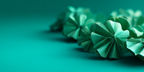 Poster - Teal pleated paper flowers on teal background, creating abstract floral composition, showcasing elegance and texture, ideal for design or presentation