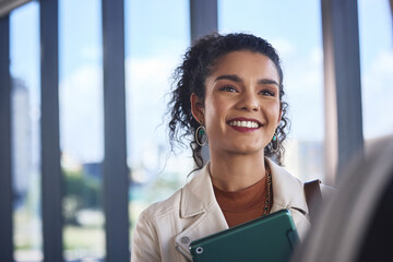Poster - Woman, intern and smile in fashion office, business and internship for learning opportunity or designer program. Design, student and creative industry with employee, trainee and confident in career