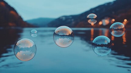 Wall Mural - Floating bubbles reflect a scenic mountain lakeside view
