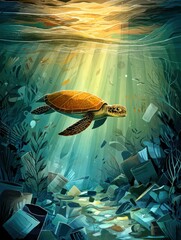 Aufkleber - Sea Turtle Navigates Through a Sea of Floating Trash in a Vibrant Underwater Landscape