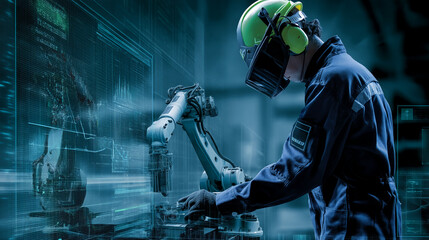 Poster - Worker in protective gear operating robotic arm, interacting with digital interface showcasing technological advancement in industry, representing automation and human-machine collaboration