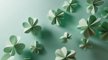 Aufkleber - Mint green paper cloverleaf shapes scattered on a textured background, creating a spring or St Patrick's Day themed design, showcasing free space for text or branding