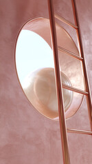 Aufkleber - Rose gold ladder against a textured pink wall, framing a round aperture revealing a smooth pearl-like sphere, creating a minimalist and elegant display